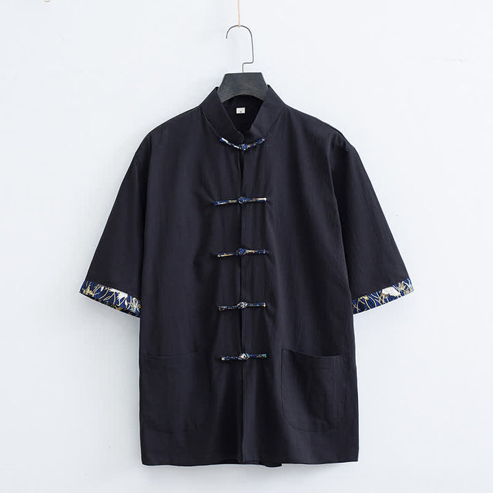 Buddha Stones Camicia da uomo a maniche corte, tinta unita, con colletto alla coreana, bottoni a rana, stile Tang estivo, con tasche. - Nero - US/UK/AU44, EU54 (4XL) - image 5