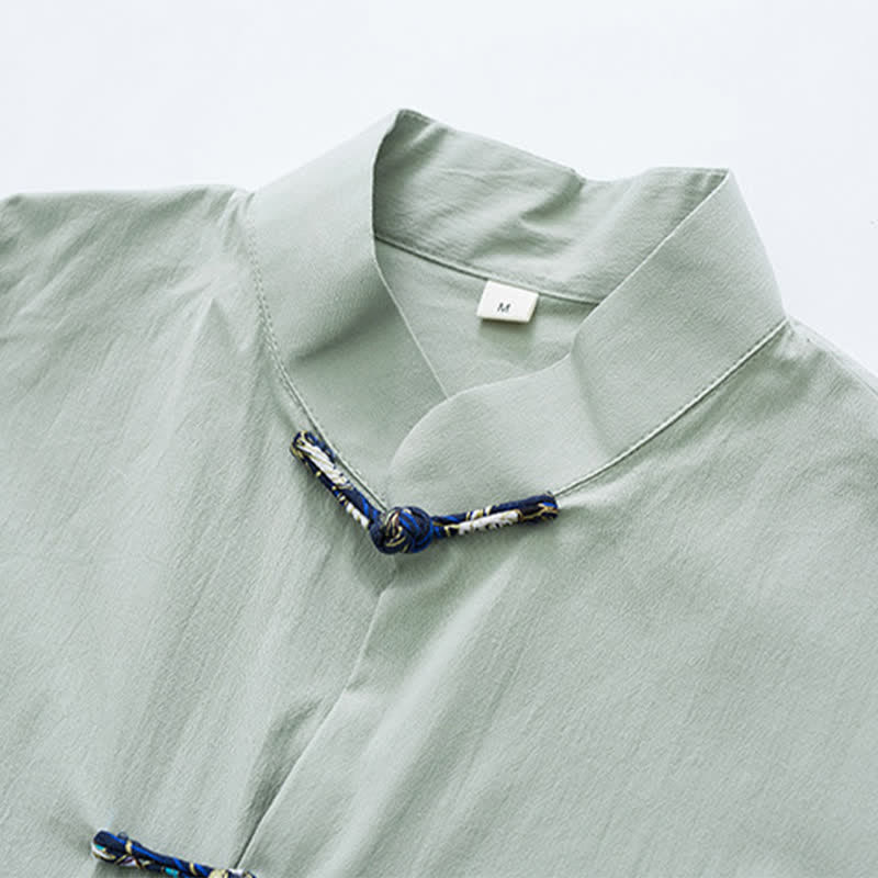 Buddha Stones Camicia da uomo a maniche corte, tinta unita, con colletto alla coreana, bottoni a rana, stile Tang estivo, con tasche. - image 13
