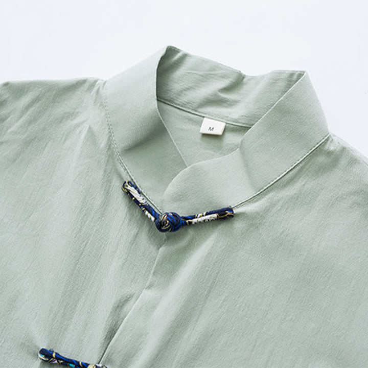 Buddha Stones Camicia da uomo a maniche corte, tinta unita, con colletto alla coreana, bottoni a rana, stile Tang estivo, con tasche. - image 13