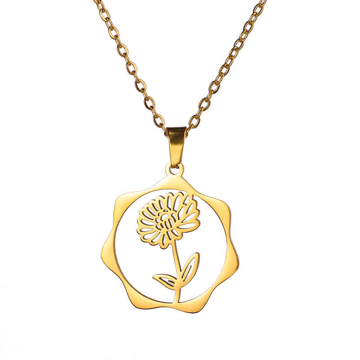 Buddha Stones Collana con ciondolo a forma di loto, fiore di nascita e simbolo dell'illuminazione, in acciaio al titanio. - Crisantemo - Acciaio al titanio dorato - image 10
