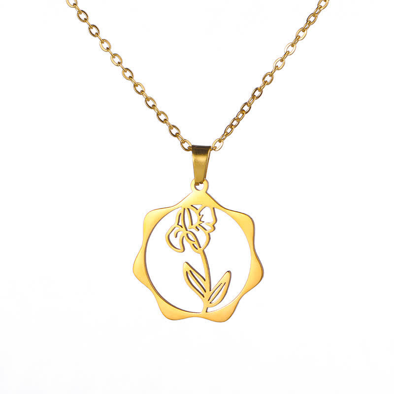 Buddha Stones Collana con ciondolo a forma di loto, fiore di nascita e simbolo dell'illuminazione, in acciaio al titanio. - Iris - Acciaio al titanio dorato - image 18