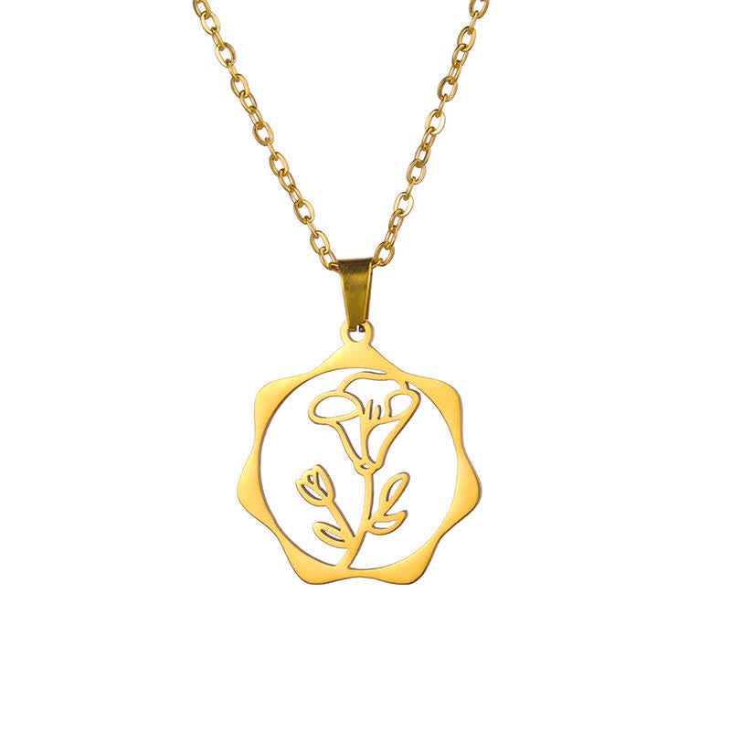 Buddha Stones Collana con ciondolo a forma di loto, fiore di nascita e simbolo dell'illuminazione, in acciaio al titanio. - Gloria del mattino - Acciaio al titanio dorato - image 22