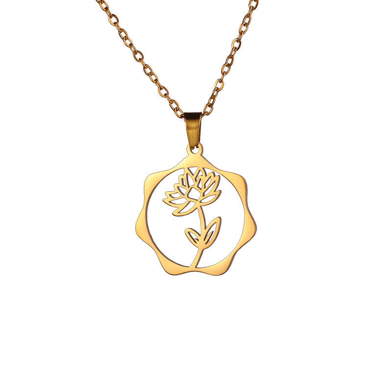 Buddha Stones Collana con ciondolo a forma di loto, fiore di nascita e simbolo dell'illuminazione, in acciaio al titanio. - Loto - Acciaio al titanio dorato - image 1