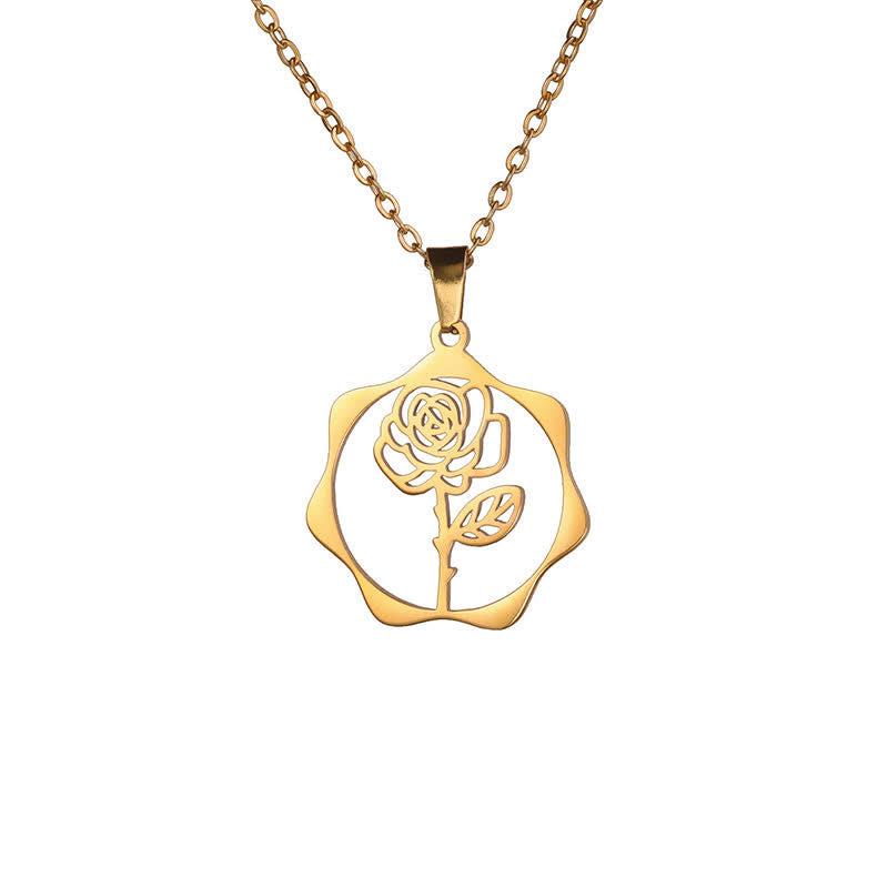 Buddha Stones Collana con ciondolo a forma di loto, fiore di nascita e simbolo dell'illuminazione, in acciaio al titanio. - Rosa - Acciaio al titanio dorato - image 26