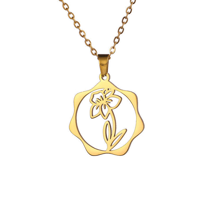 Buddha Stones Collana con ciondolo a forma di loto, fiore di nascita e simbolo dell'illuminazione, in acciaio al titanio. - Narciso - Acciaio al titanio dorato - image 30