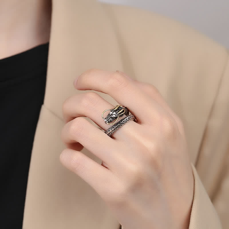 Buddha Stones Anello aperto regolabile vintage Copper Dragon Strength - image 3