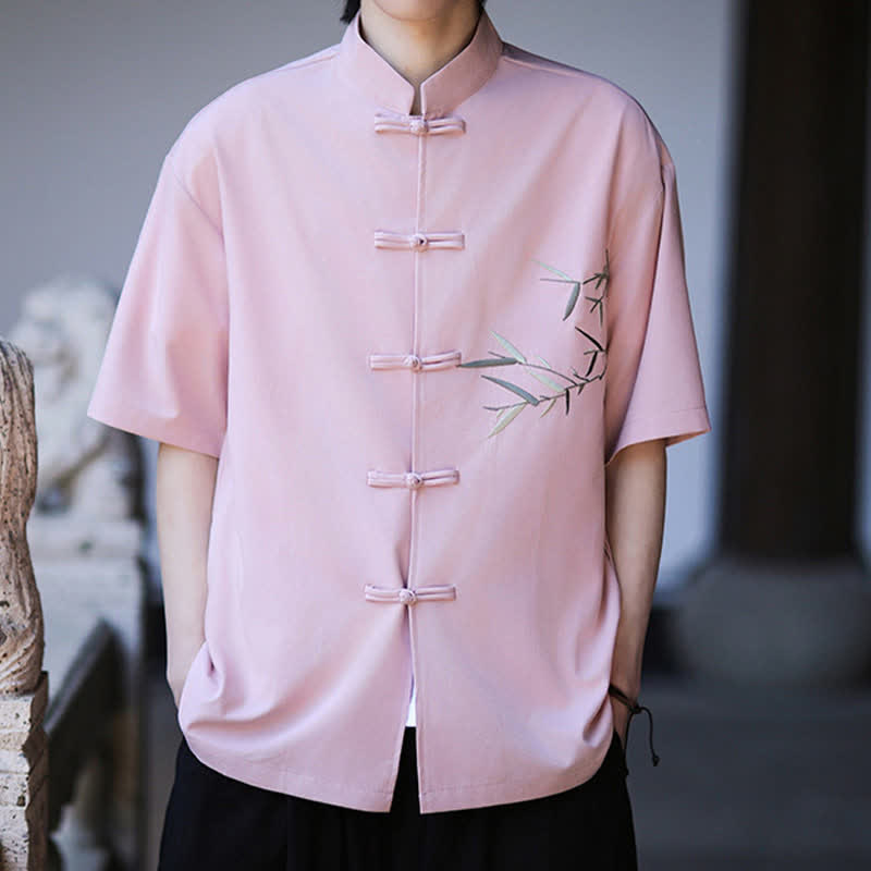 Buddha Stones Camicia da uomo a maniche corte stile Tang estivo con colletto alla coreana, bottoni a rana e ricamo di bambù. - image 20