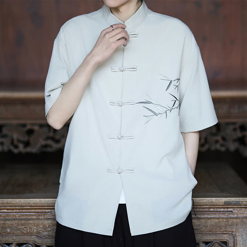 Buddha Stones Camicia da uomo a maniche corte stile Tang estivo con colletto alla coreana, bottoni a rana e ricamo di bambù. - Bianco - US/UK/AU46, EU56 (5XL) - image 0