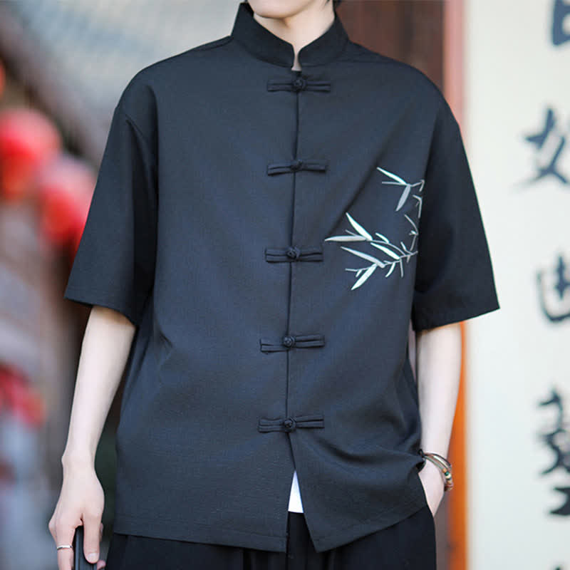 Buddha Stones Camicia da uomo a maniche corte stile Tang estivo con colletto alla coreana, bottoni a rana e ricamo di bambù. - image 15