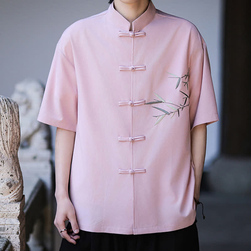 Buddha Stones Camicia da uomo a maniche corte stile Tang estivo con colletto alla coreana, bottoni a rana e ricamo di bambù. - image 25
