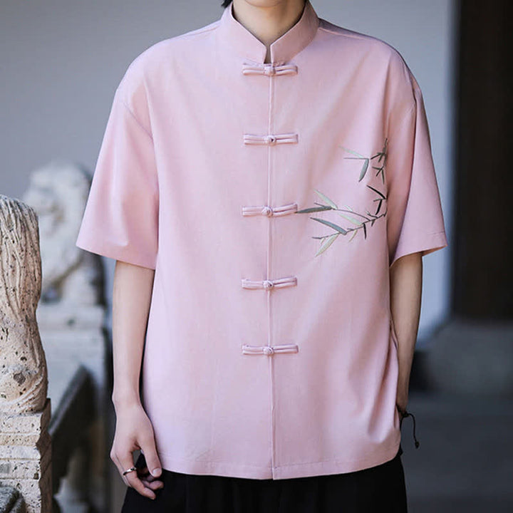 Buddha Stones Camicia da uomo a maniche corte stile Tang estivo con colletto alla coreana, bottoni a rana e ricamo di bambù. - image 25