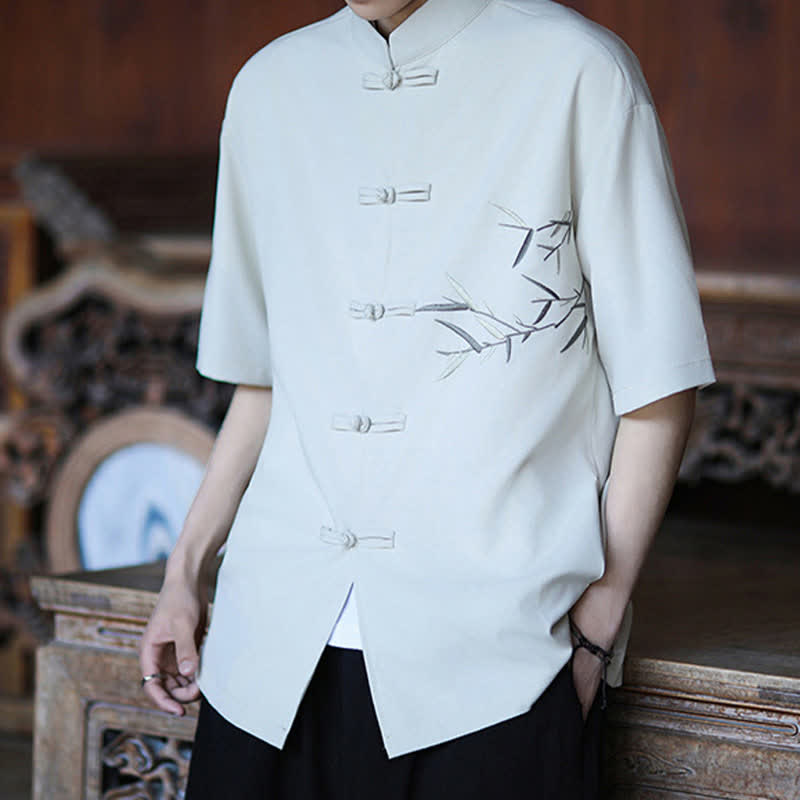 Buddha Stones Camicia da uomo a maniche corte stile Tang estivo con colletto alla coreana, bottoni a rana e ricamo di bambù. - image 4