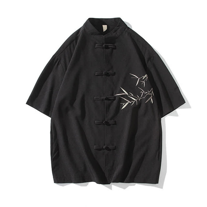 Buddha Stones Camicia da uomo a maniche corte stile Tang estivo con colletto alla coreana, bottoni a rana e ricamo di bambù. - image 17