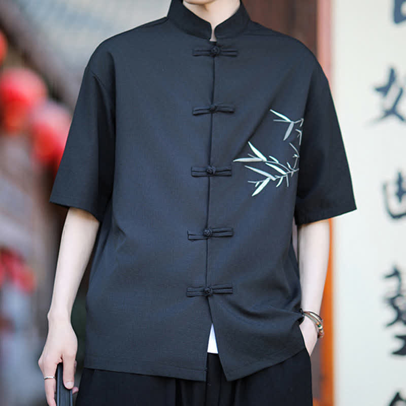 Buddha Stones Camicia da uomo a maniche corte stile Tang estivo con colletto alla coreana, bottoni a rana e ricamo di bambù. - image 12