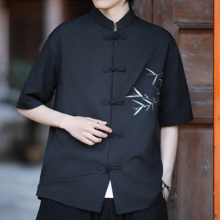 Buddha Stones Camicia da uomo a maniche corte stile Tang estivo con colletto alla coreana, bottoni a rana e ricamo di bambù. - image 11