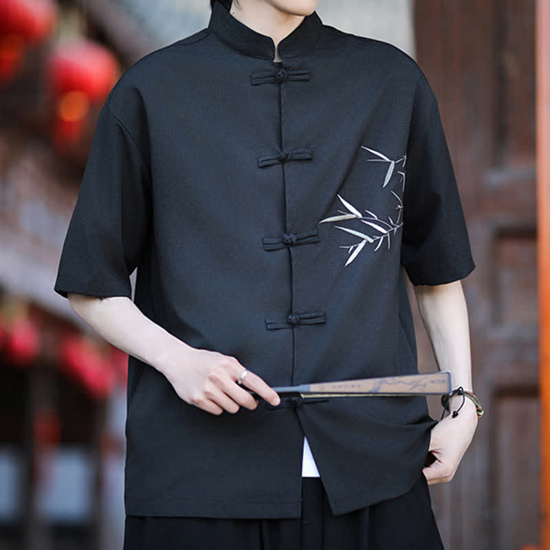 Buddha Stones Camicia da uomo a maniche corte stile Tang estivo con colletto alla coreana, bottoni a rana e ricamo di bambù. - image 13