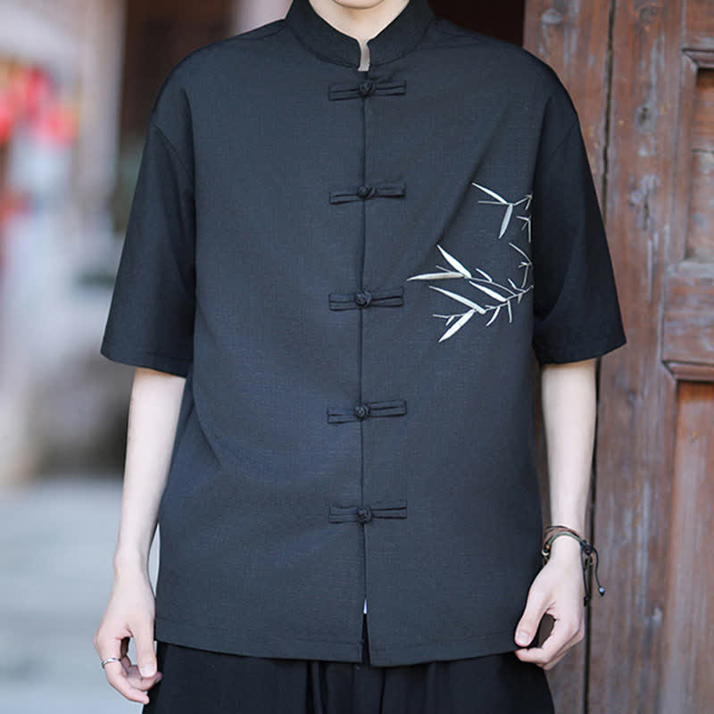 Buddha Stones Camicia da uomo a maniche corte stile Tang estivo con colletto alla coreana, bottoni a rana e ricamo di bambù. - image 9