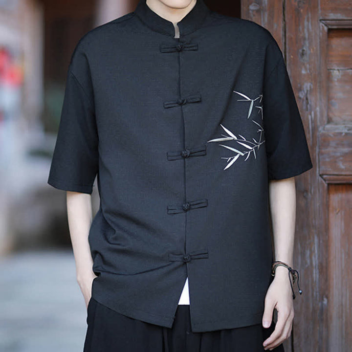 Buddha Stones Camicia da uomo a maniche corte stile Tang estivo con colletto alla coreana, bottoni a rana e ricamo di bambù. - image 16