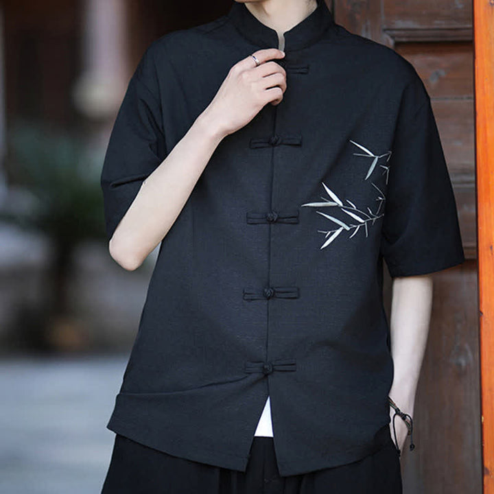 Buddha Stones Camicia da uomo a maniche corte stile Tang estivo con colletto alla coreana, bottoni a rana e ricamo di bambù. - Nero - US/UK/AU46, EU56 (5XL) - image 8