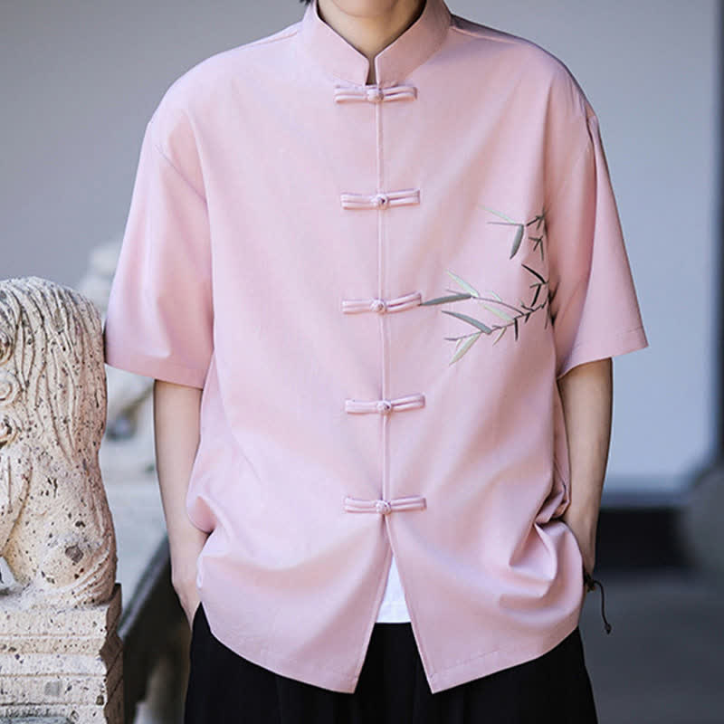 Buddha Stones Camicia da uomo a maniche corte stile Tang estivo con colletto alla coreana, bottoni a rana e ricamo di bambù. - image 27