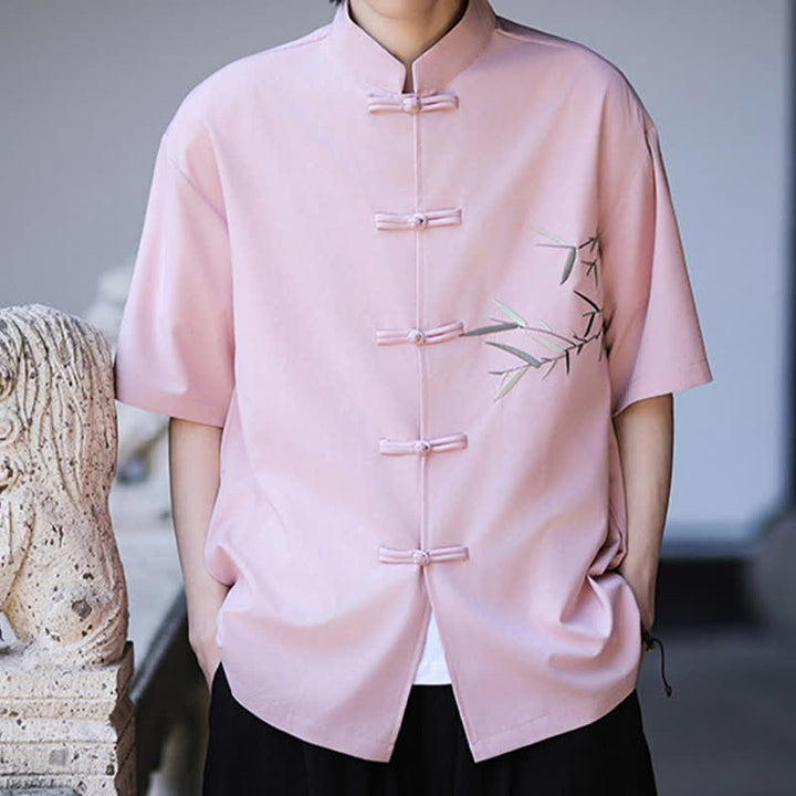 Buddha Stones Camicia da uomo a maniche corte stile Tang estivo con colletto alla coreana, bottoni a rana e ricamo di bambù. - image 27