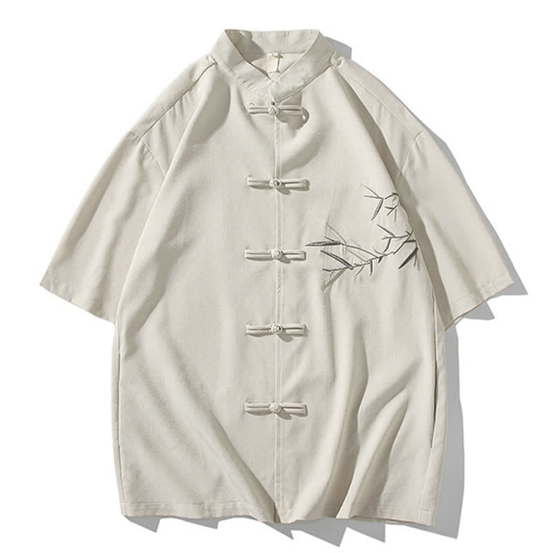 Buddha Stones Camicia da uomo a maniche corte stile Tang estivo con colletto alla coreana, bottoni a rana e ricamo di bambù. - Biancheria - US/UK/AU46, EU56 (5XL) - image 30