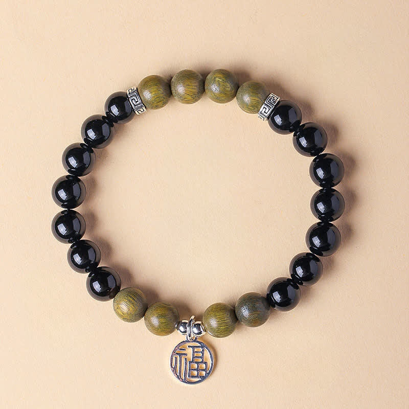 Buddha Stones Braccialetto portafortuna con perline e personaggio Fu in onice nera - Onice nero, sandalo verde (circonferenza del polso: 15-16 cm) - image 16