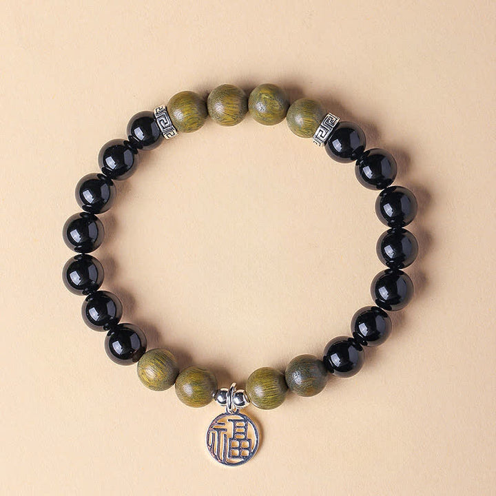 Buddha Stones Braccialetto portafortuna con perline e personaggio Fu in onice nera - Onice nero, sandalo verde (circonferenza del polso: 15-16 cm) - image 16