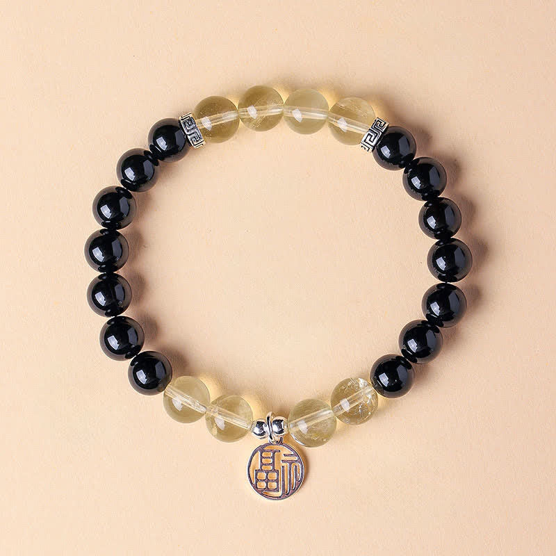 Buddha Stones Braccialetto portafortuna con perline e personaggio Fu in onice nera - Onice nero e citrino (Circonferenza del polso: 15–16 cm) - image 1