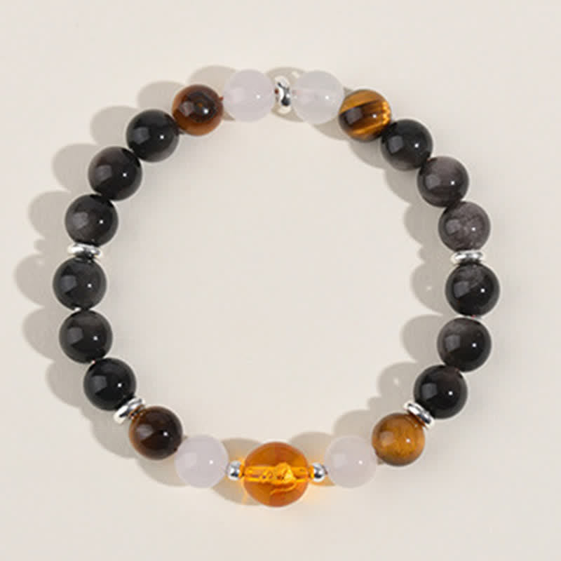 Buddha Stones Bracciale di protezione con segni zodiacali cinesi e ossidiana con riflessi argentati e cristalli naturali. - image 1
