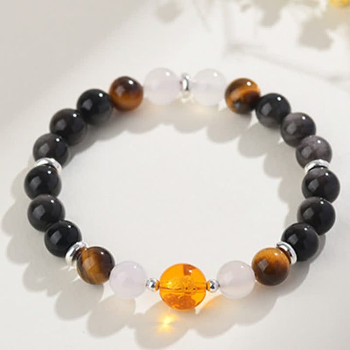 Buddha Stones Bracciale di protezione con segni zodiacali cinesi e ossidiana con riflessi argentati e cristalli naturali. - image 2