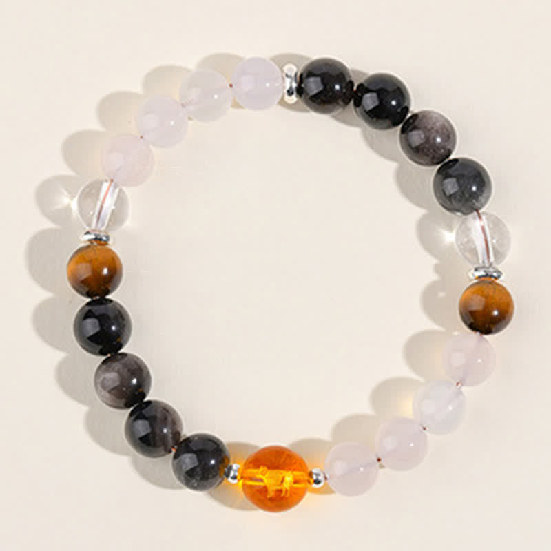 Buddha Stones Bracciale di protezione con segni zodiacali cinesi e ossidiana con riflessi argentati e cristalli naturali. - image 4