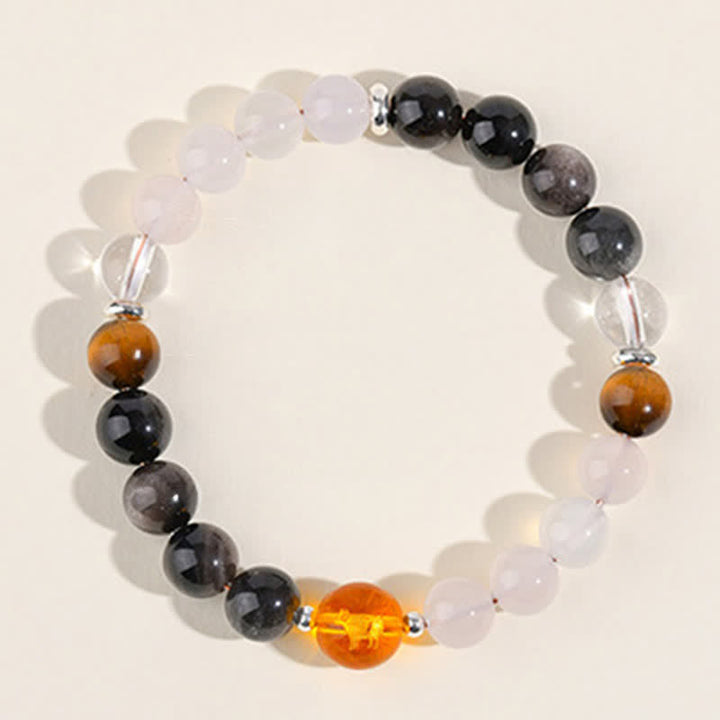 Buddha Stones Bracciale di protezione con segni zodiacali cinesi e ossidiana con riflessi argentati e cristalli naturali. - image 4