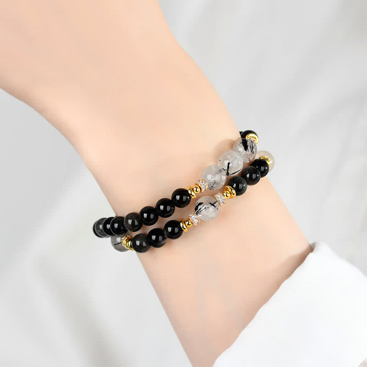 Buddha Stones Bracciale a doppio giro rilassante in ossidiana con lucentezza argento naturale. - image 4
