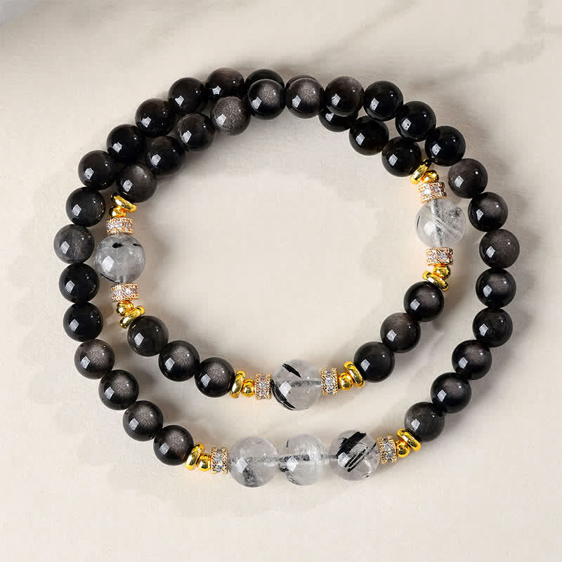 Buddha Stones Bracciale a doppio giro rilassante in ossidiana con lucentezza argento naturale. - Ossidiana argentata (Radicamento♥Intuizione) - image 0