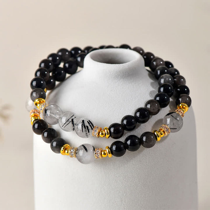 Buddha Stones Bracciale a doppio giro rilassante in ossidiana con lucentezza argento naturale. - image 2