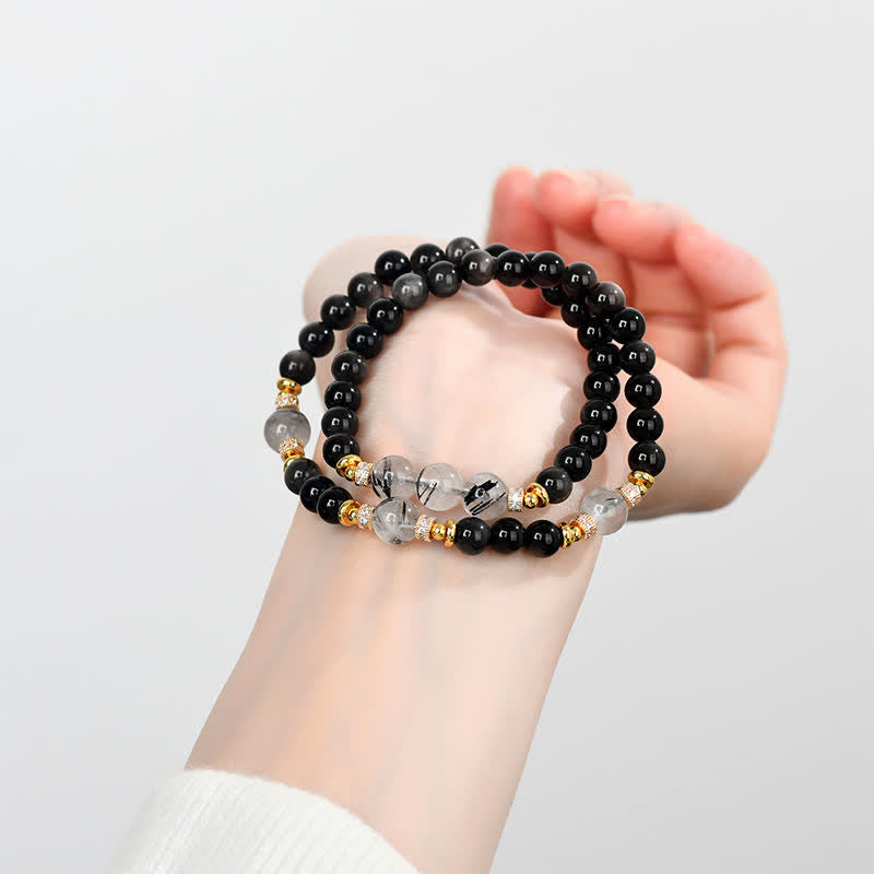 Buddha Stones Bracciale a doppio giro rilassante in ossidiana con lucentezza argento naturale. - image 7