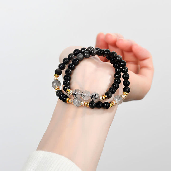 Buddha Stones Bracciale a doppio giro rilassante in ossidiana con lucentezza argento naturale. - image 7