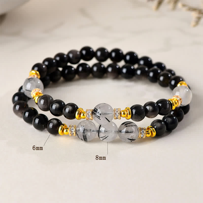 Buddha Stones Bracciale a doppio giro rilassante in ossidiana con lucentezza argento naturale. - image 3