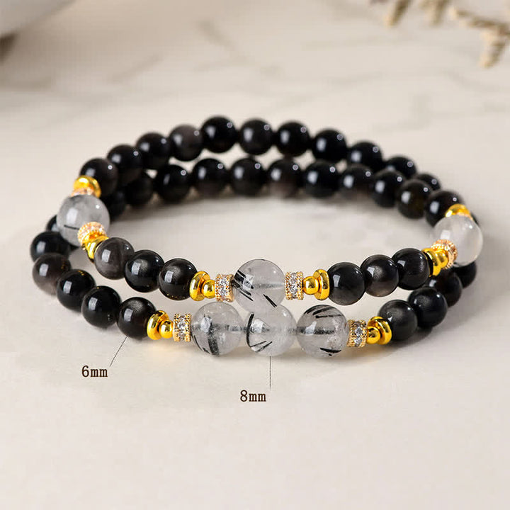 Buddha Stones Bracciale a doppio giro rilassante in ossidiana con lucentezza argento naturale. - image 3