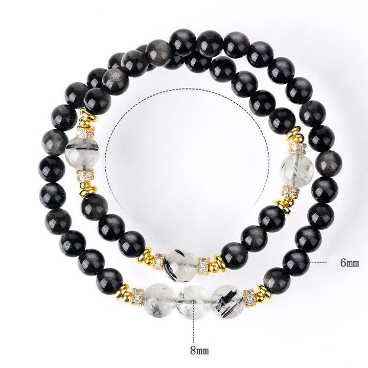 Buddha Stones Bracciale a doppio giro rilassante in ossidiana con lucentezza argento naturale. - image 8