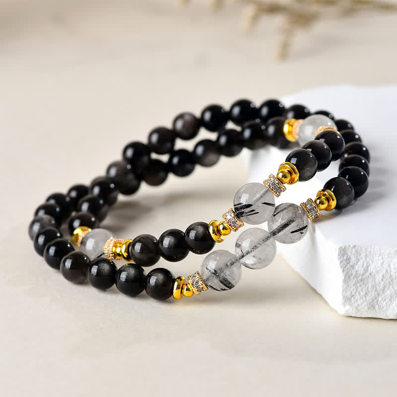 Buddha Stones Bracciale a doppio giro rilassante in ossidiana con lucentezza argento naturale. - image 1