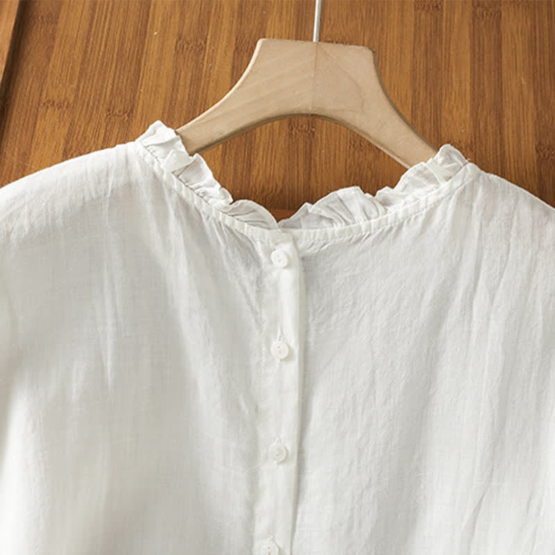 Buddha Stones Camicia da donna estiva casual senza maniche con colletto a balze e chiusura posteriore con bottoni, tinta unita. - image 15