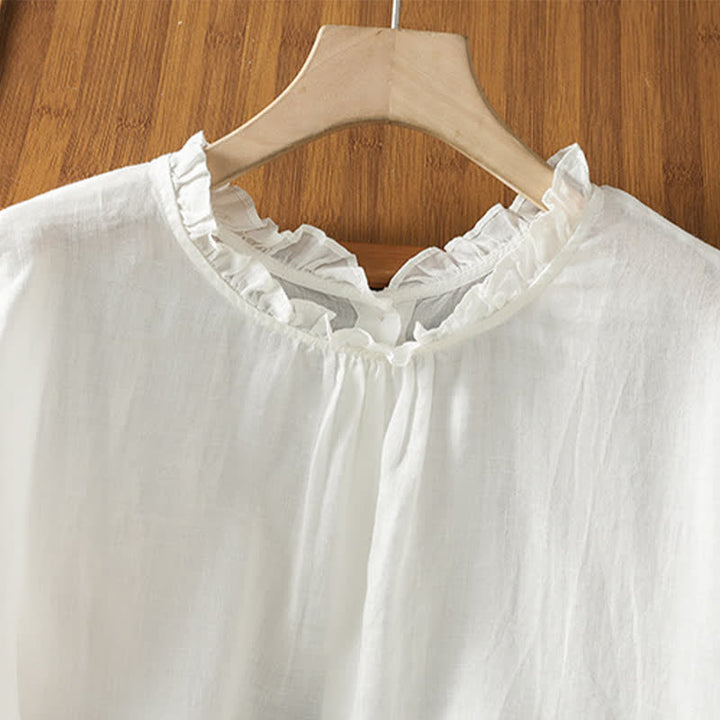 Buddha Stones Camicia da donna estiva casual senza maniche con colletto a balze e chiusura posteriore con bottoni, tinta unita. - image 16