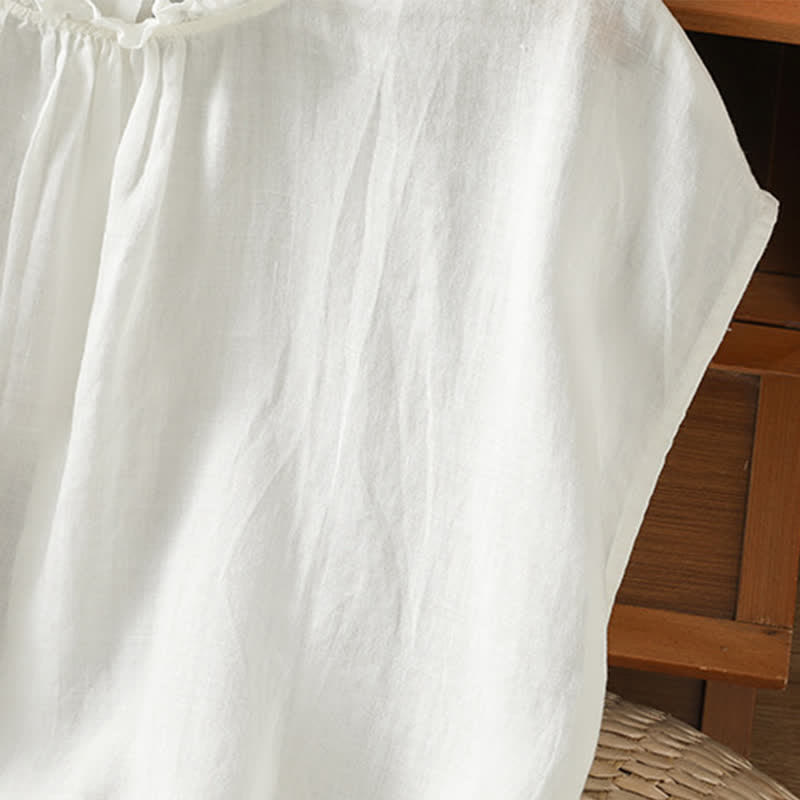 Buddha Stones Camicia da donna estiva casual senza maniche con colletto a balze e chiusura posteriore con bottoni, tinta unita. - image 18