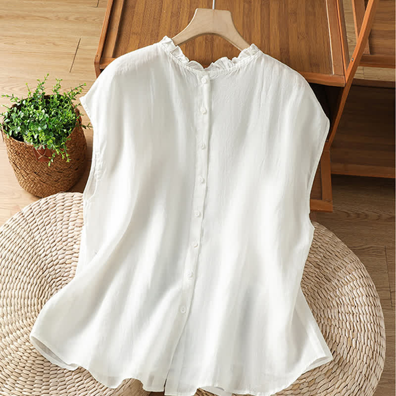 Buddha Stones Camicia da donna estiva casual senza maniche con colletto a balze e chiusura posteriore con bottoni, tinta unita. - Bianco - US8-10, UK/AU12-14, EU40-42 (2XL) - image 13