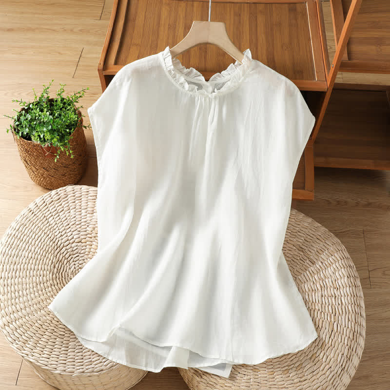 Buddha Stones Camicia da donna estiva casual senza maniche con colletto a balze e chiusura posteriore con bottoni, tinta unita. - image 14