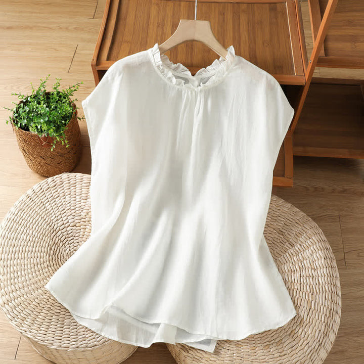 Buddha Stones Camicia da donna estiva casual senza maniche con colletto a balze e chiusura posteriore con bottoni, tinta unita. - image 14