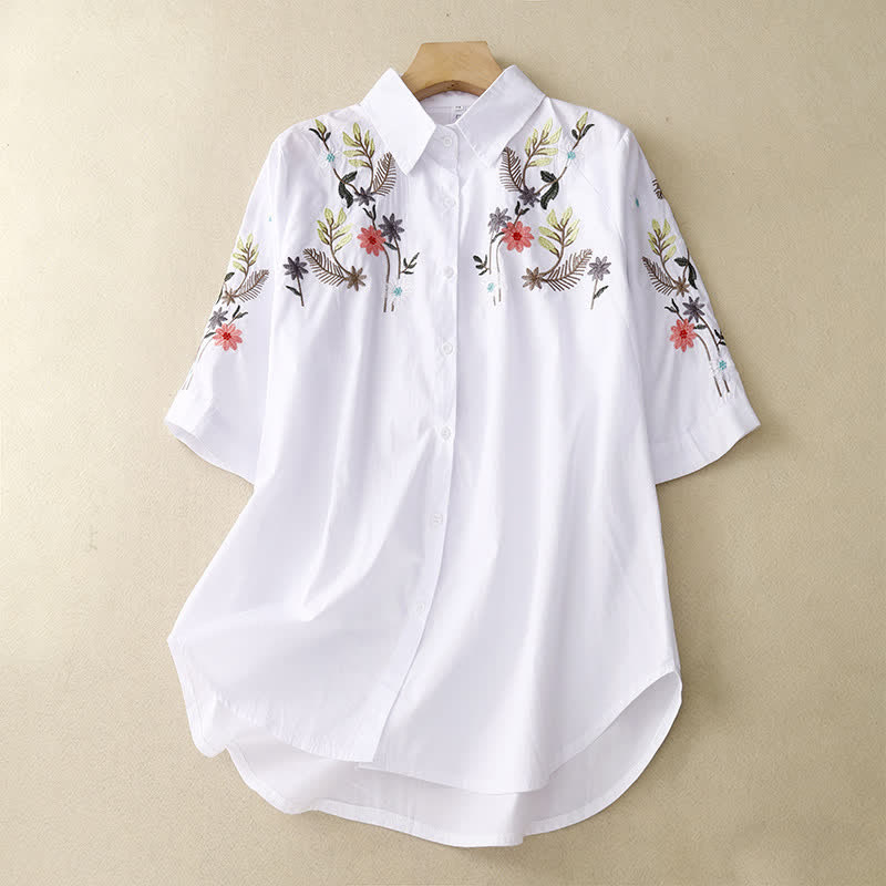 Buddha Stones Camicia da donna a maniche corte in stile boho con ricami floreali, ideale per la primavera/estate. - Bianco - US8-10, UK/AU12-14, EU40-42 (2XL) - image 6