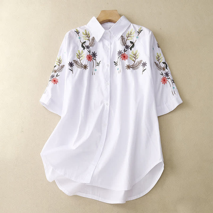Buddha Stones Camicia da donna a maniche corte in stile boho con ricami floreali, ideale per la primavera/estate. - Bianco - US8-10, UK/AU12-14, EU40-42 (2XL) - image 6